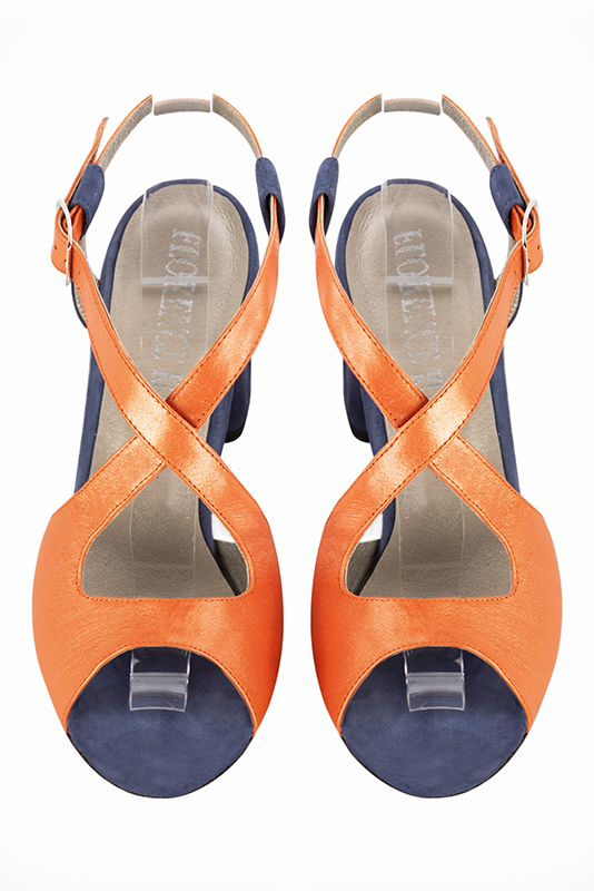 Prussian blue and apricot orange women's open back sandals, with crossed straps. Round toe. Low flare heels. Top view - Florence KOOIJMAN
